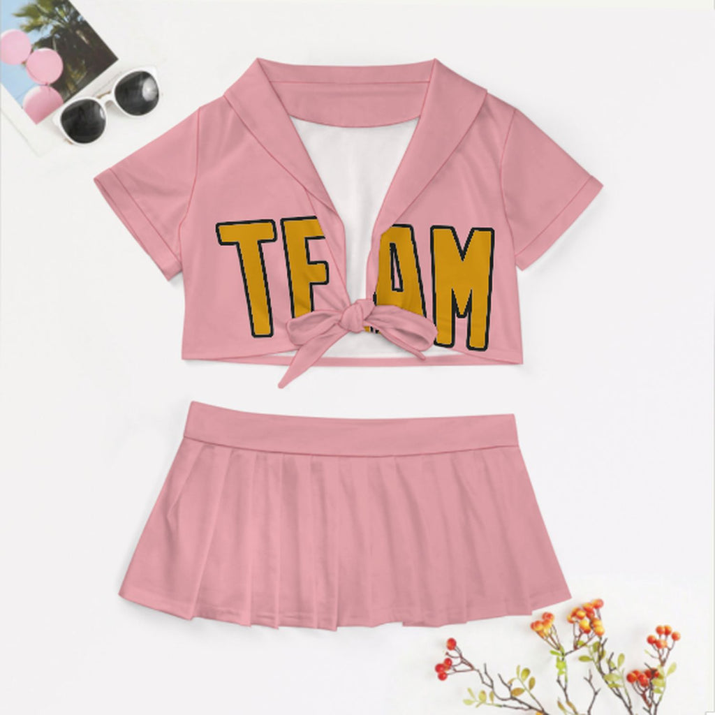 Custom Light Pink Yellow Cheerleading Uniform Set