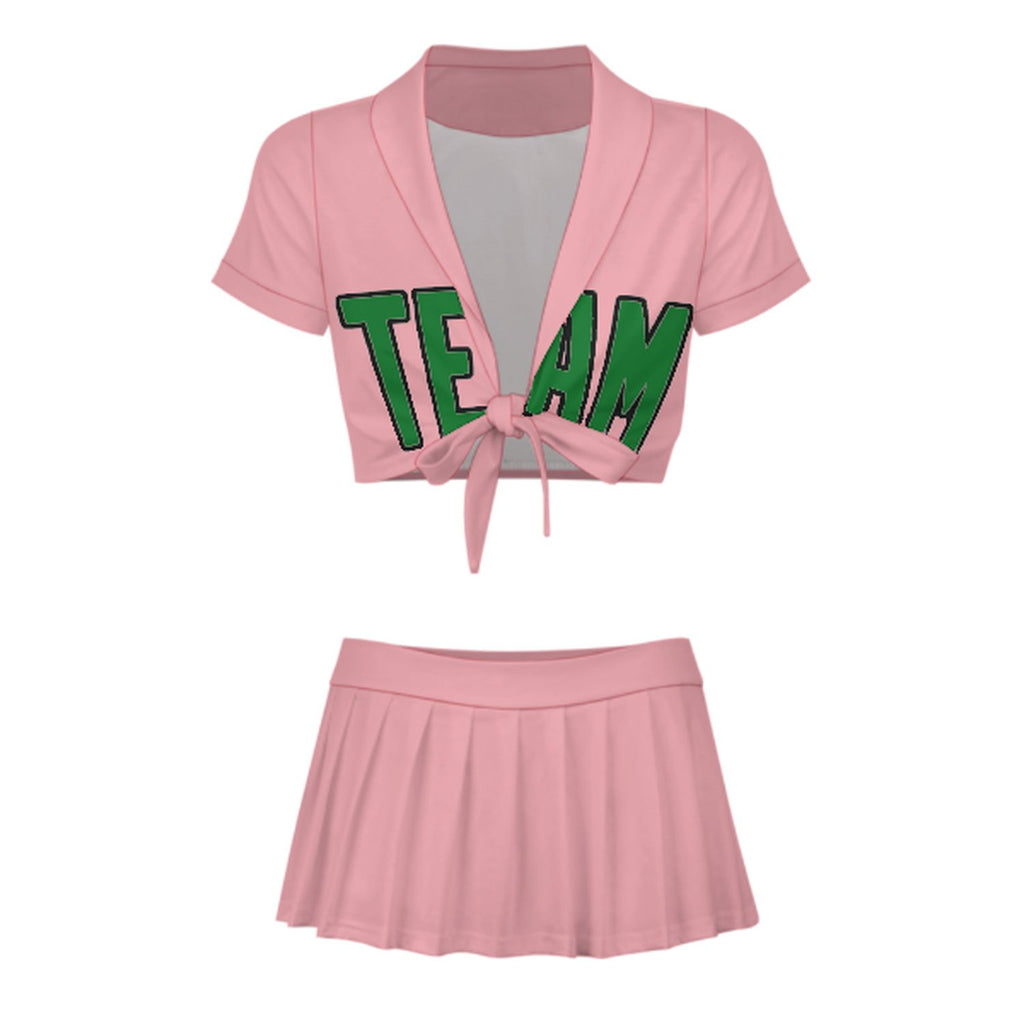 Custom Light Pink Emerald Green Cheerleading Uniform Set