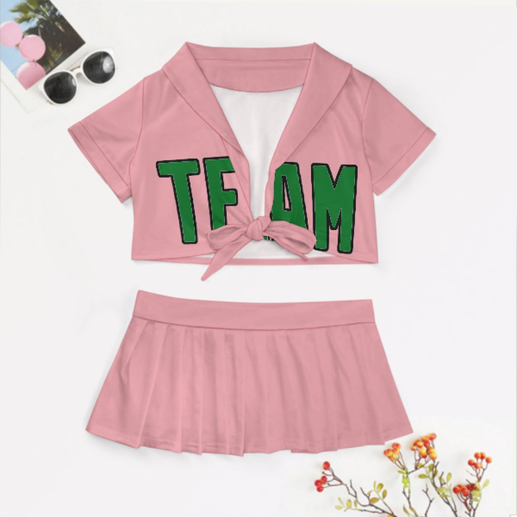 Custom Light Pink Emerald Green Cheerleading Uniform Set