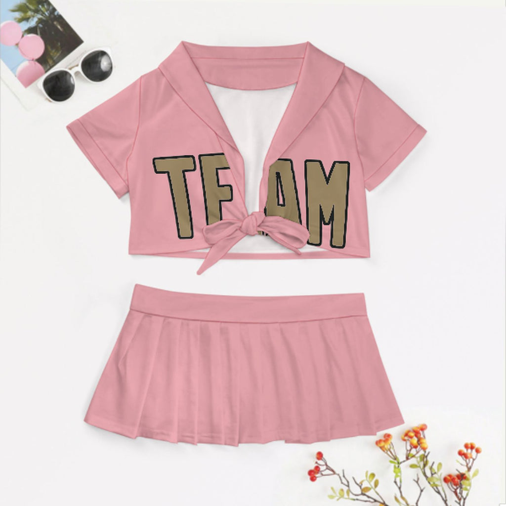 Custom Light Pink Light Khaki Cheerleading Uniform Set