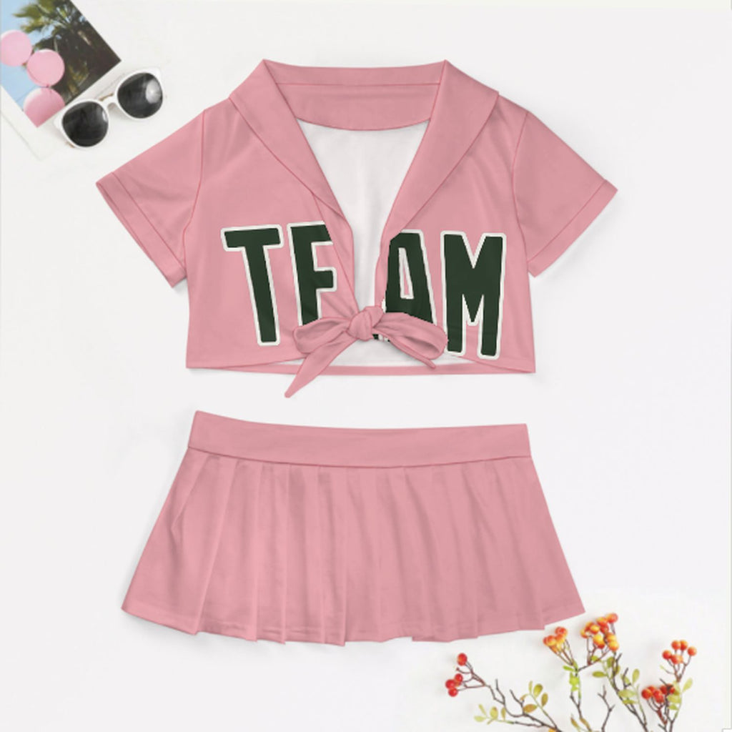 Custom Light Pink Dark Green Cheerleading Uniform Set