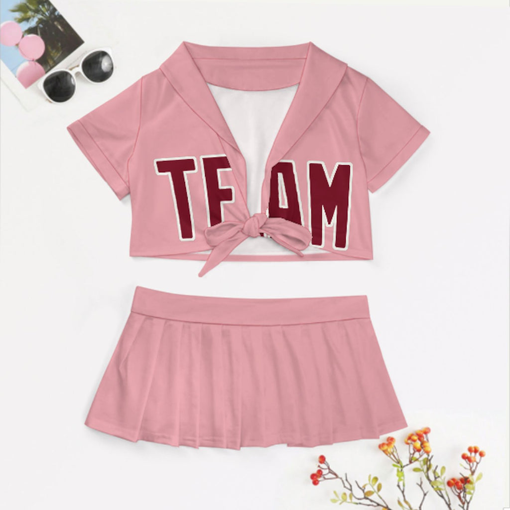 Custom Light Pink Crimson Red Cheerleading Uniform Set