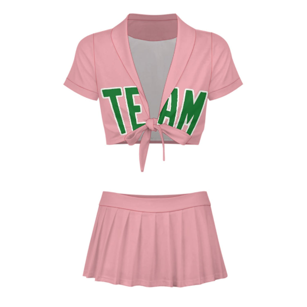 Custom Light Pink Emerald Green Cheerleading Uniform Set