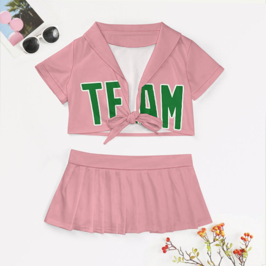 Custom Light Pink Emerald Green Cheerleading Uniform Set