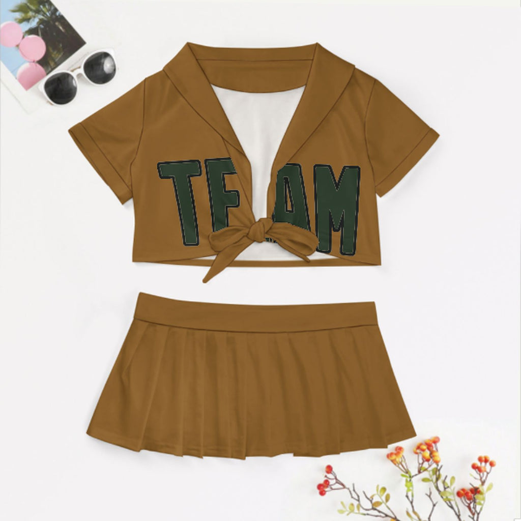 Custom Khaki Dark Green Cheerleading Uniform Set