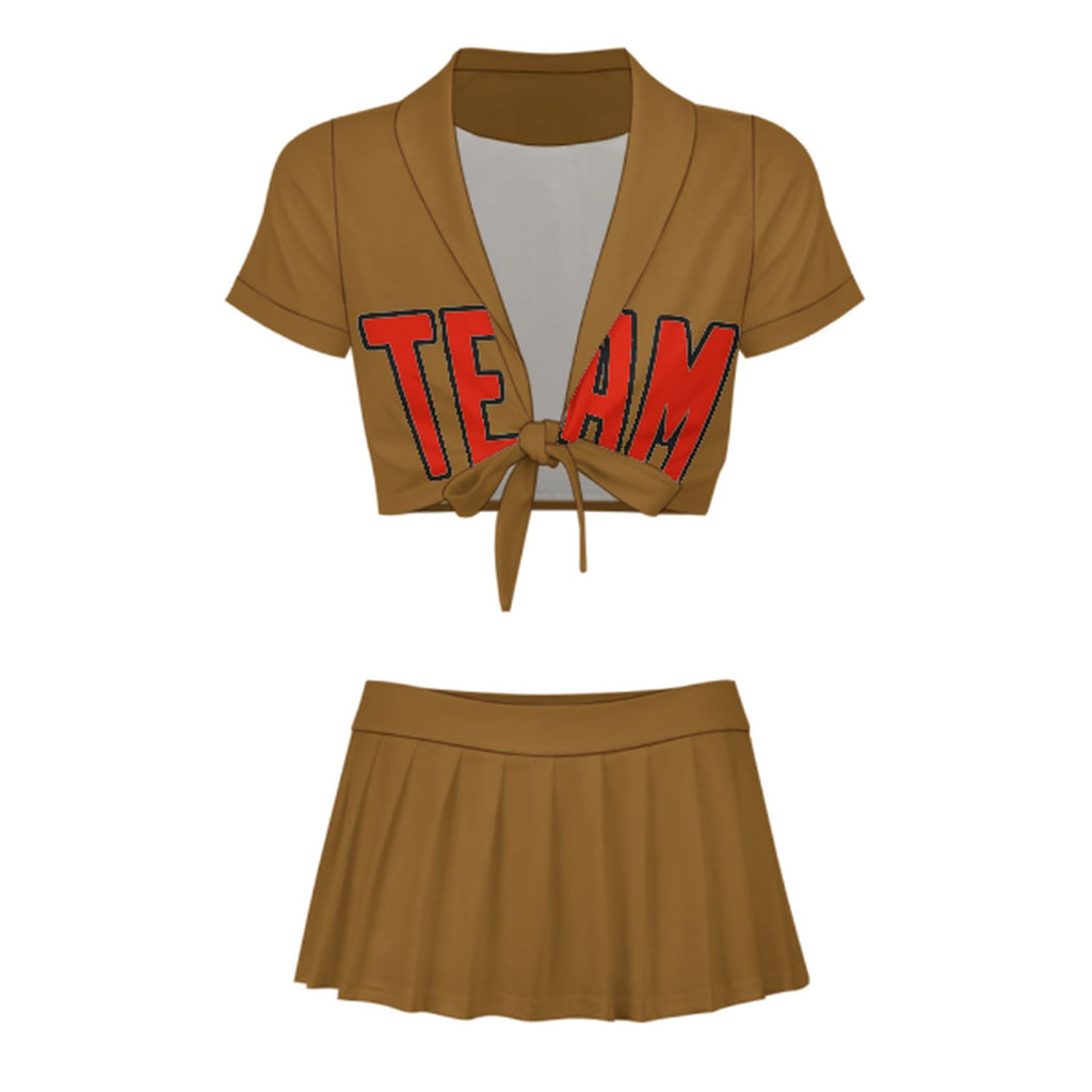 Custom Khaki Orange Red Cheerleading Uniform Set