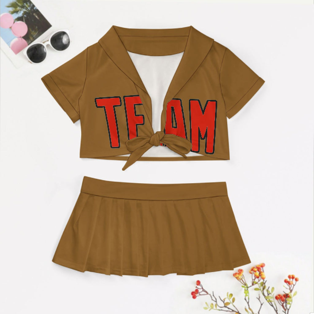 Custom Khaki Orange Red Cheerleading Uniform Set