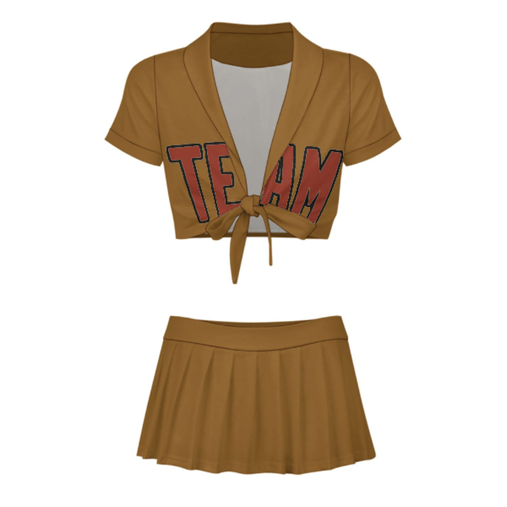 Custom Khaki Coral Red Cheerleading Uniform Set