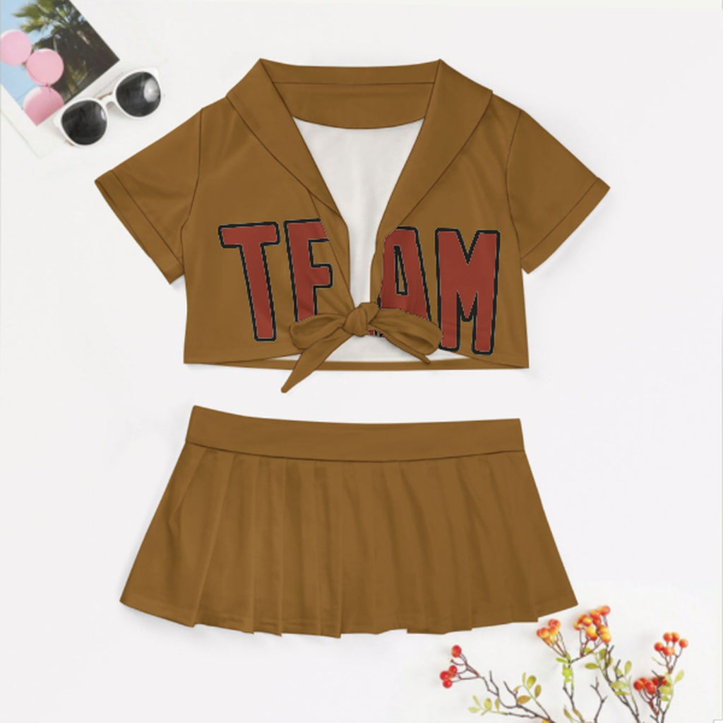 Custom Khaki Coral Red Cheerleading Uniform Set