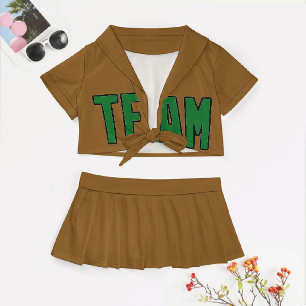 Custom Khaki Emerald Green Cheerleading Uniform Set