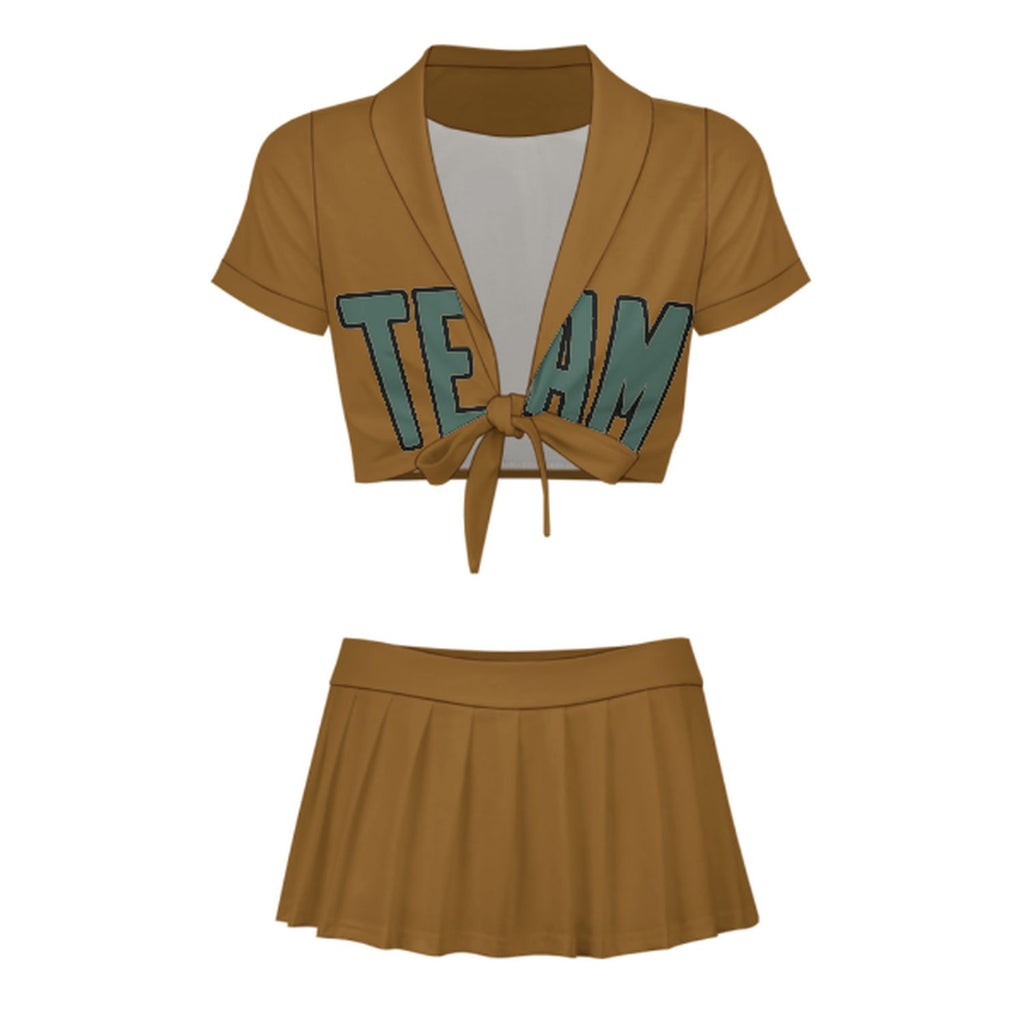 Custom Khaki Blue Green Cheerleading Uniform Set