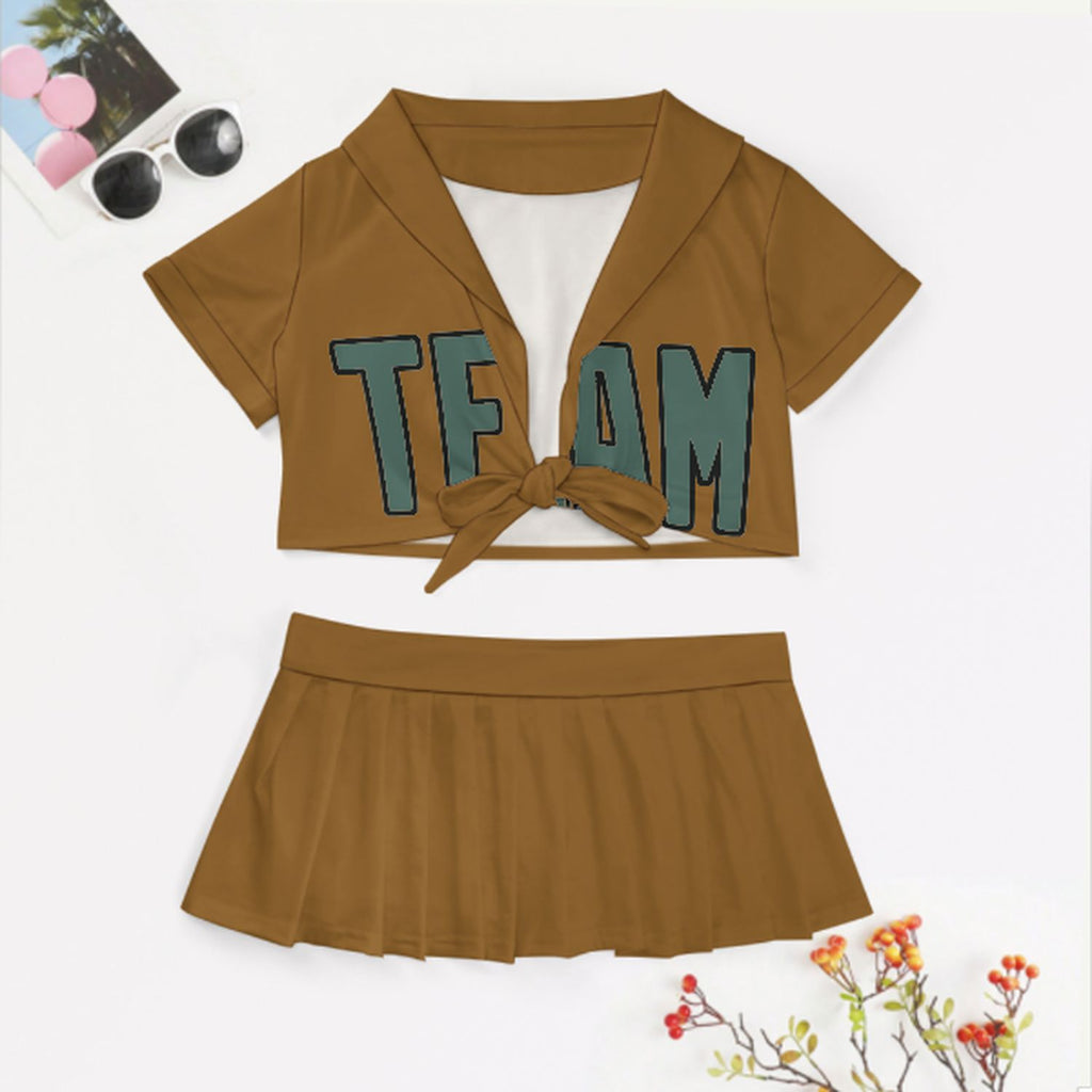 Custom Khaki Blue Green Cheerleading Uniform Set