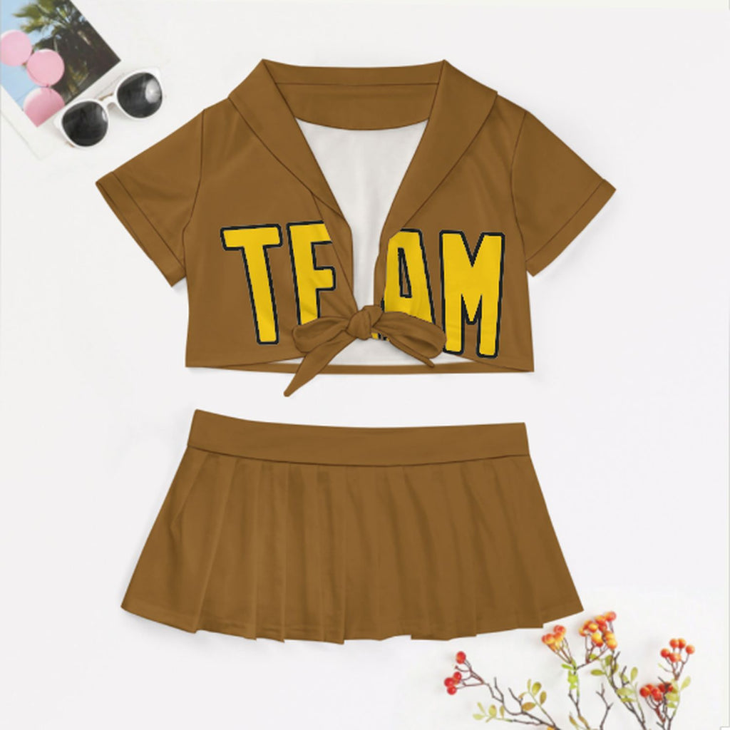 Custom Khaki Gold Cheerleading Uniform Set
