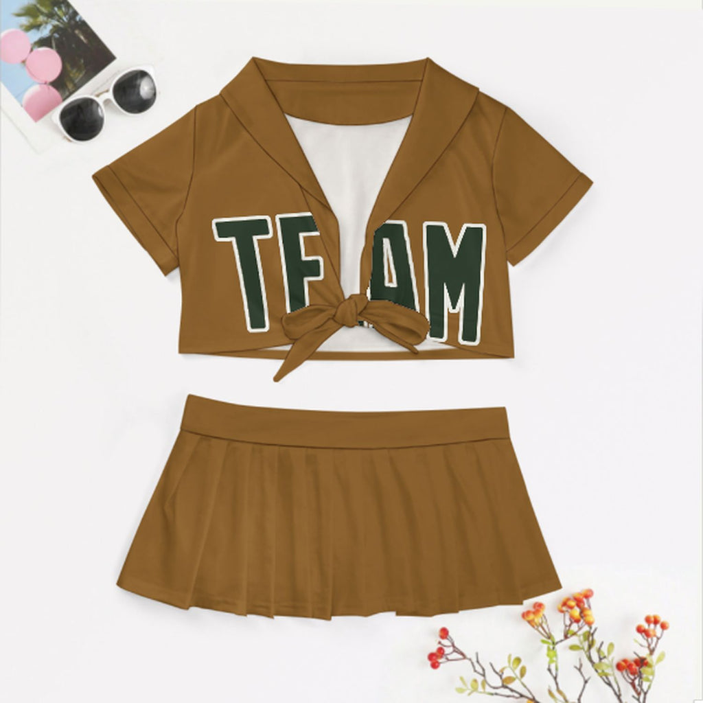Custom Khaki Dark Green Cheerleading Uniform Set
