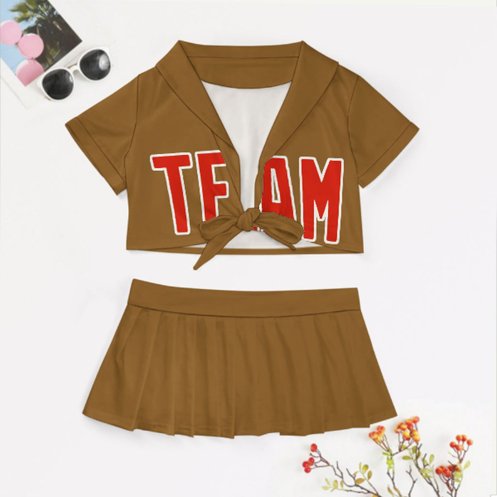 Custom Khaki Orange Red Cheerleading Uniform Set