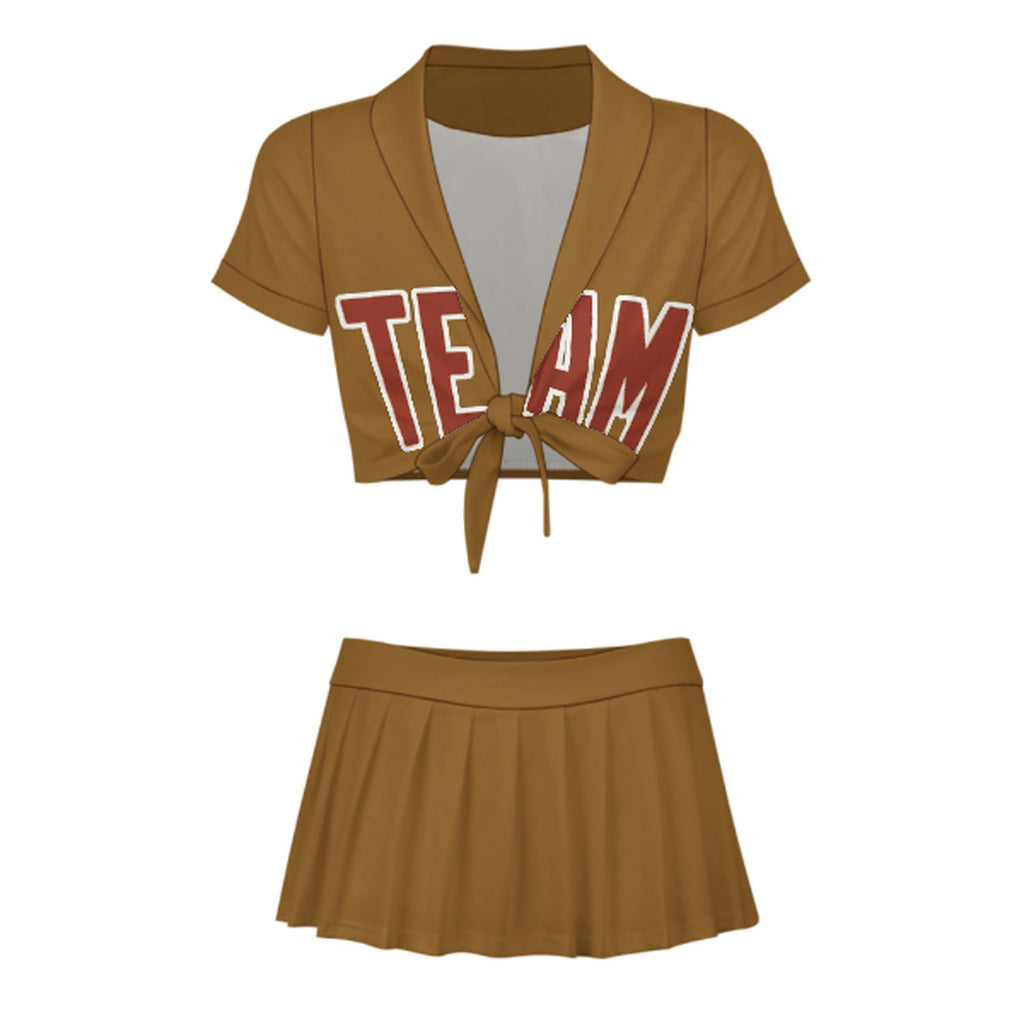 Custom Khaki Coral Red Cheerleading Uniform Set
