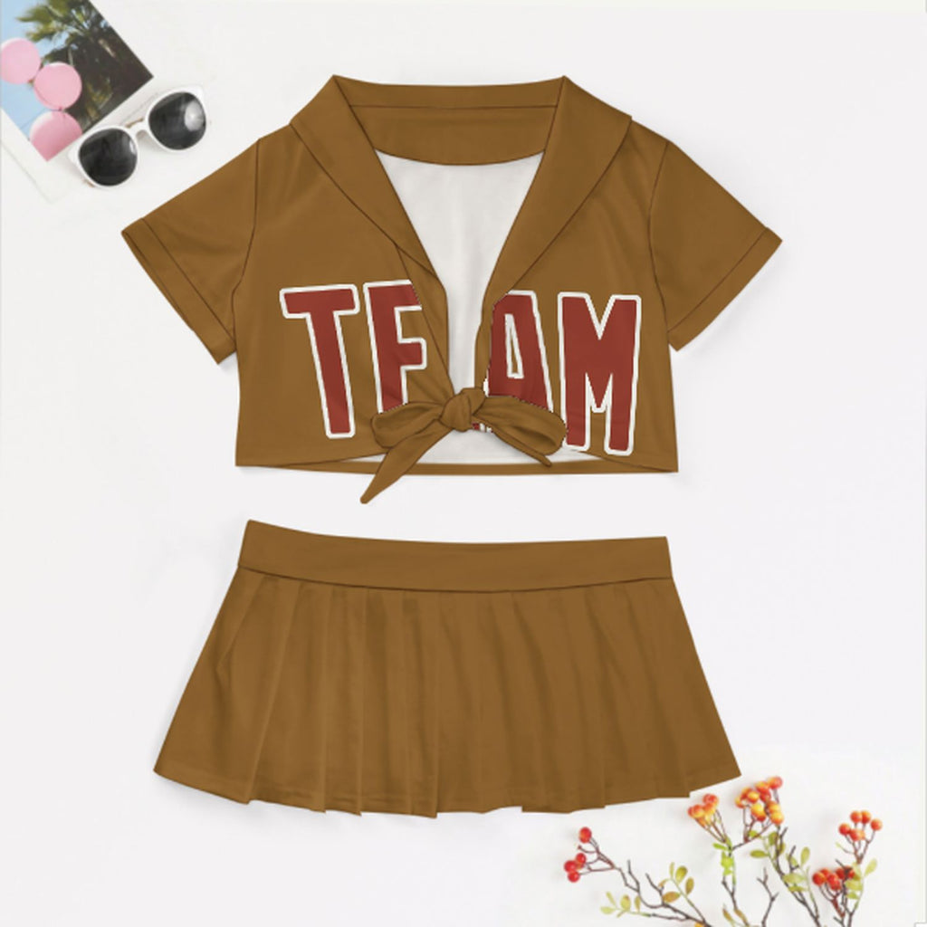 Custom Khaki Coral Red Cheerleading Uniform Set