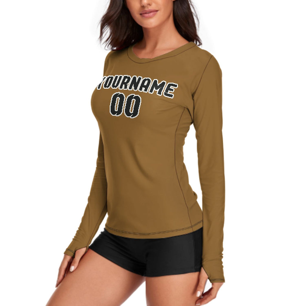 Custom Khaki Black Women's Long-Sleeve Shirt