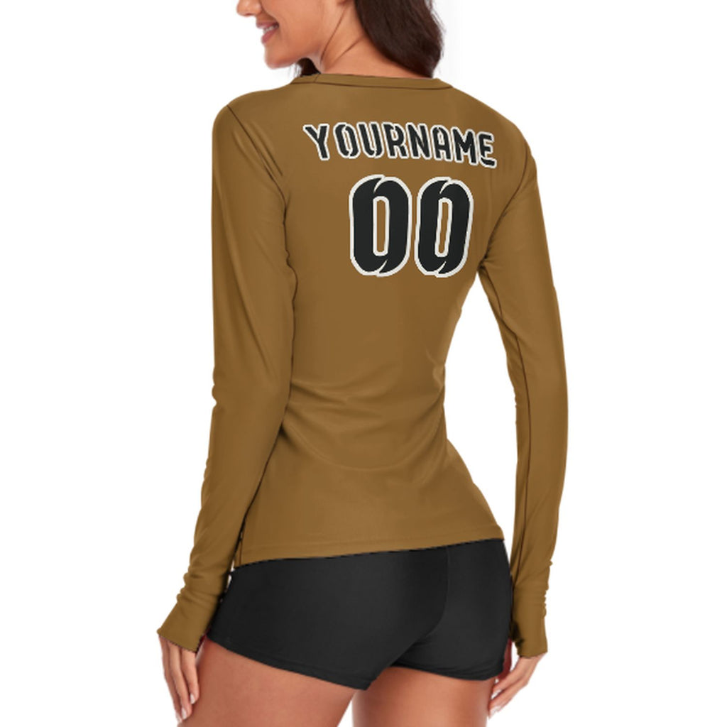 Custom Khaki Black Women's Long-Sleeve Shirt