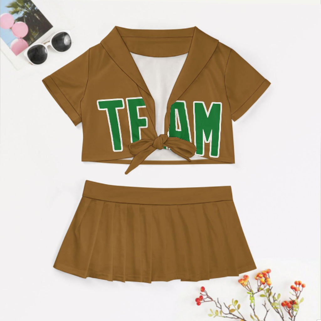 Custom Khaki Emerald Green Cheerleading Uniform Set