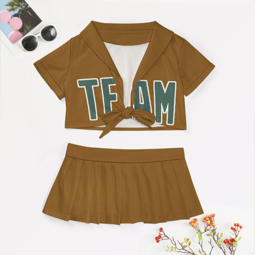 Custom Khaki Blue Green Cheerleading Uniform Set