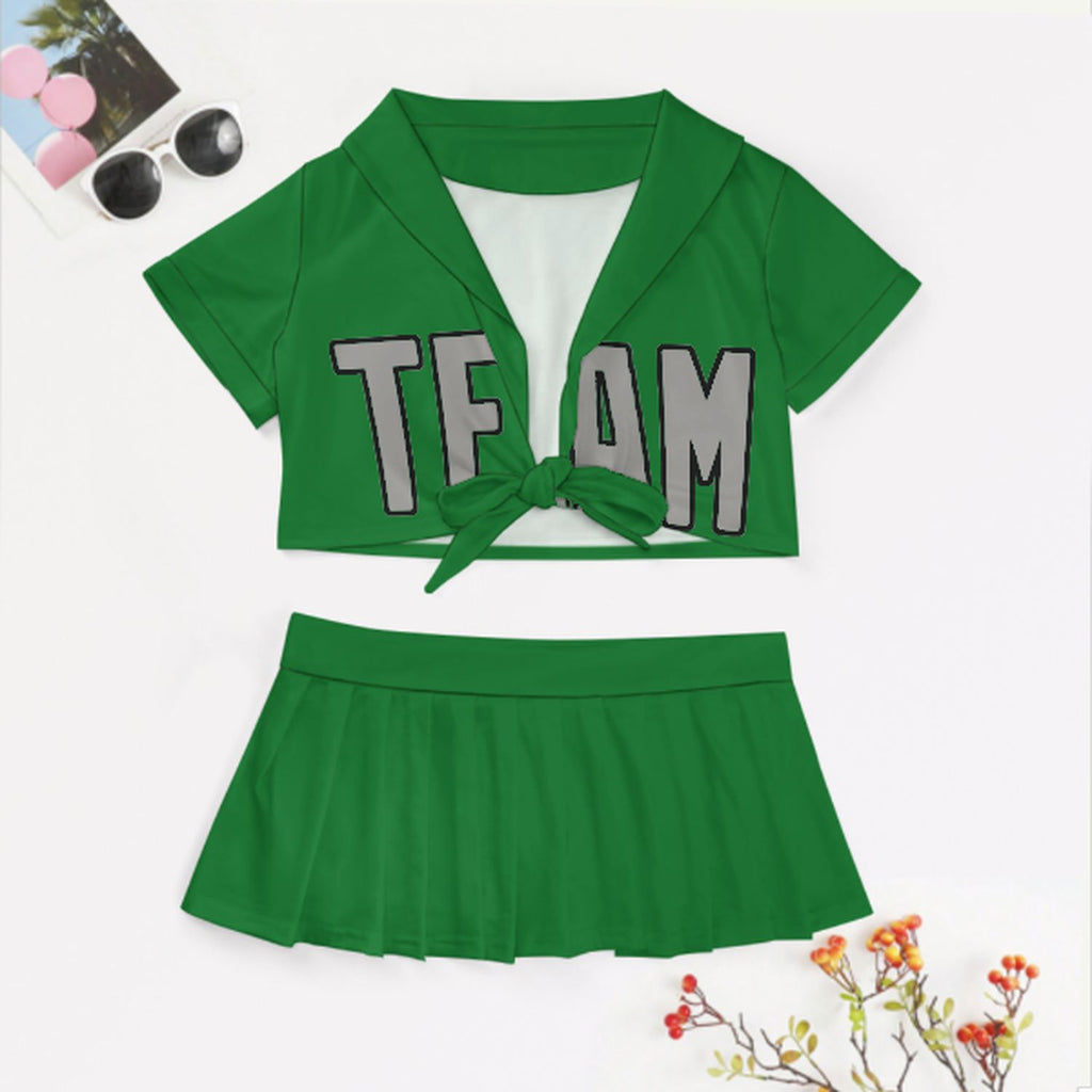 Custom Emerald Green Gray Cheerleading Uniform Set