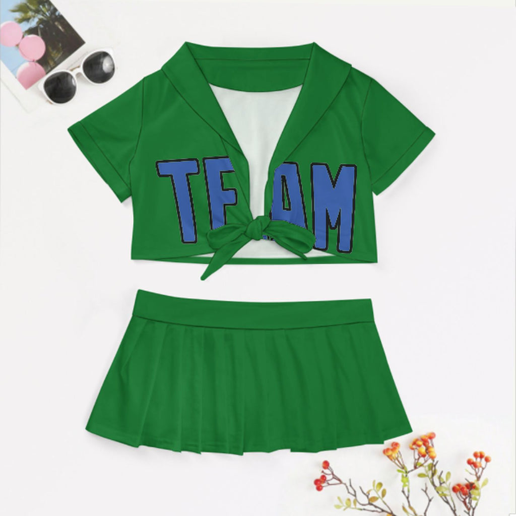 Custom Emerald Green Sky Blue Cheerleading Uniform Set