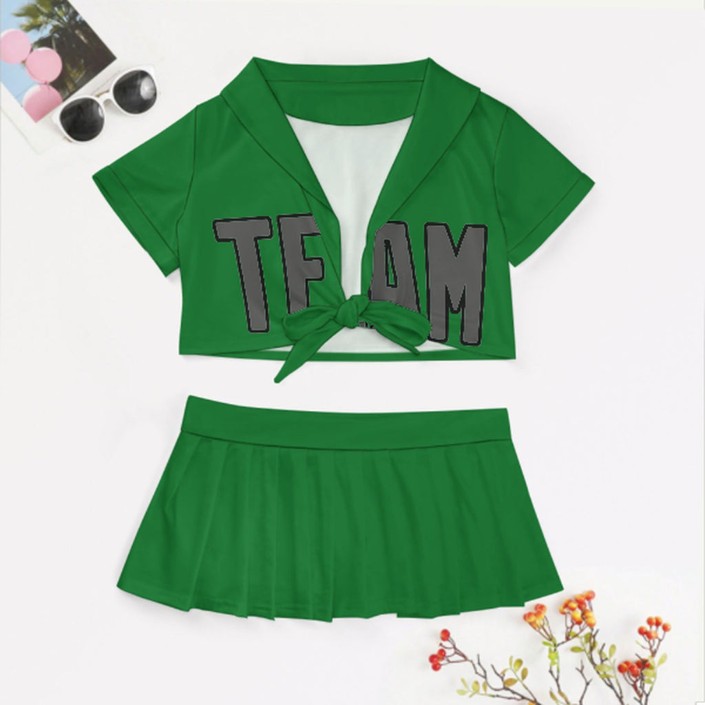 Custom Emerald Green Dark Grey Cheerleading Uniform Set