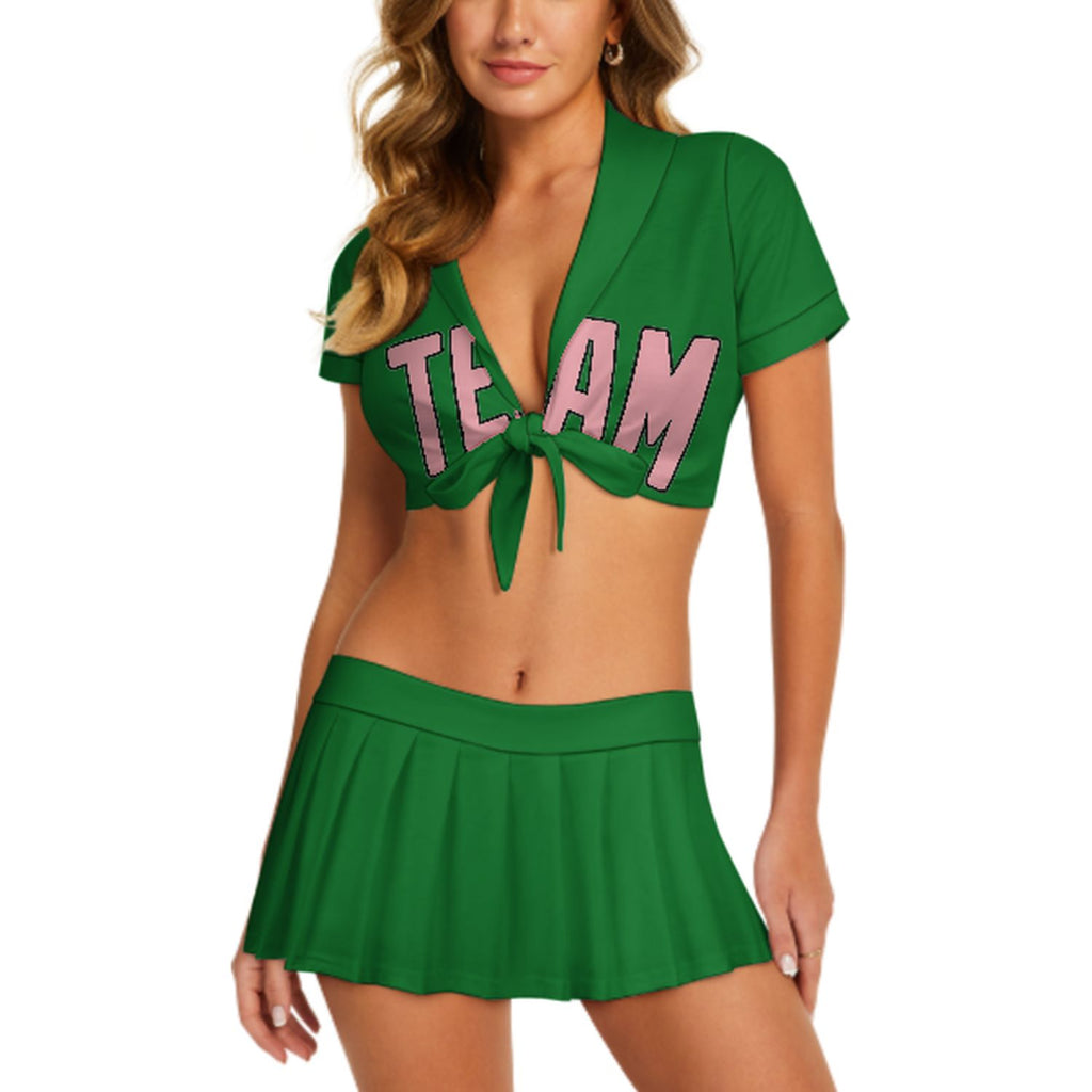 Custom Emerald Green Light Pink Cheerleading Uniform Set