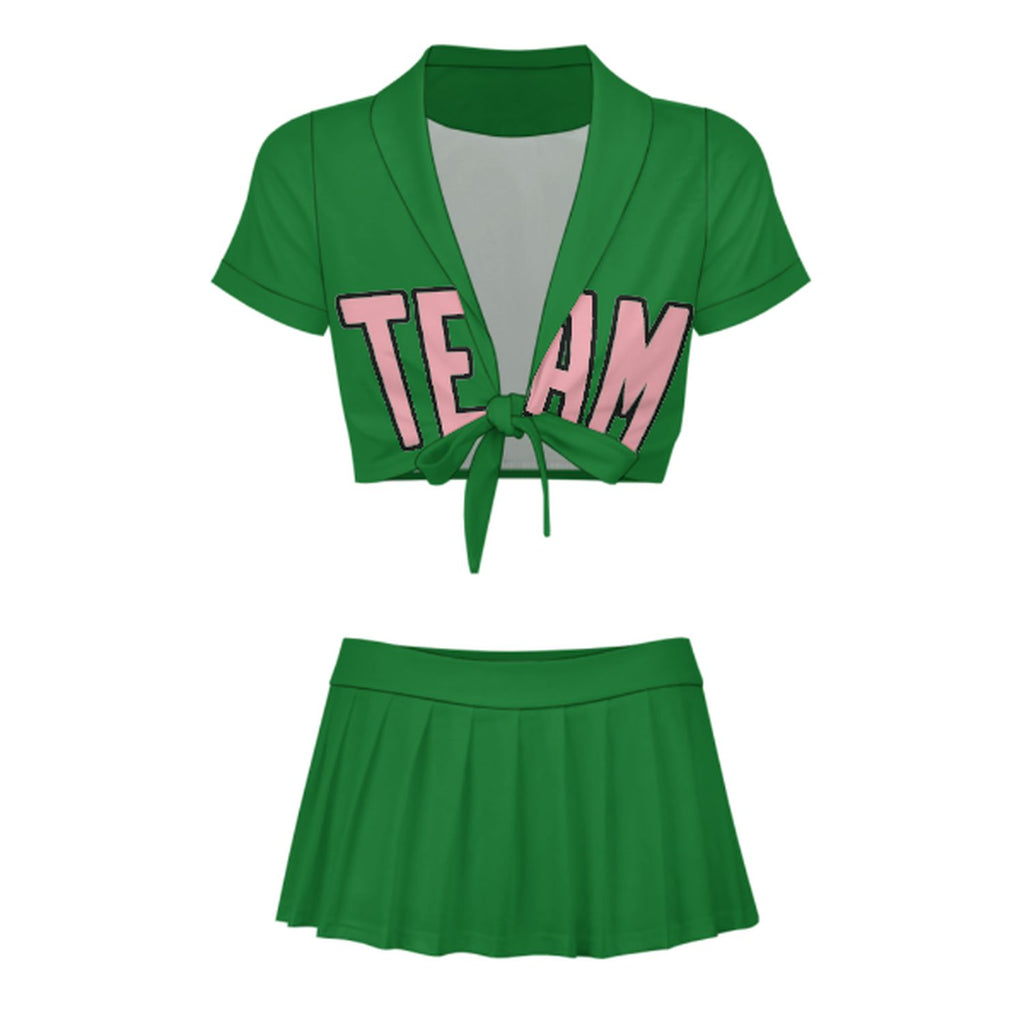Custom Emerald Green Light Pink Cheerleading Uniform Set
