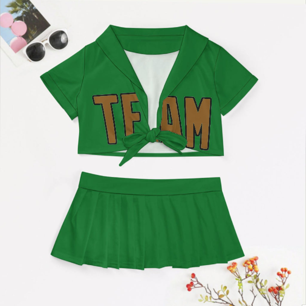 Custom Emerald Green Khaki Cheerleading Uniform Set