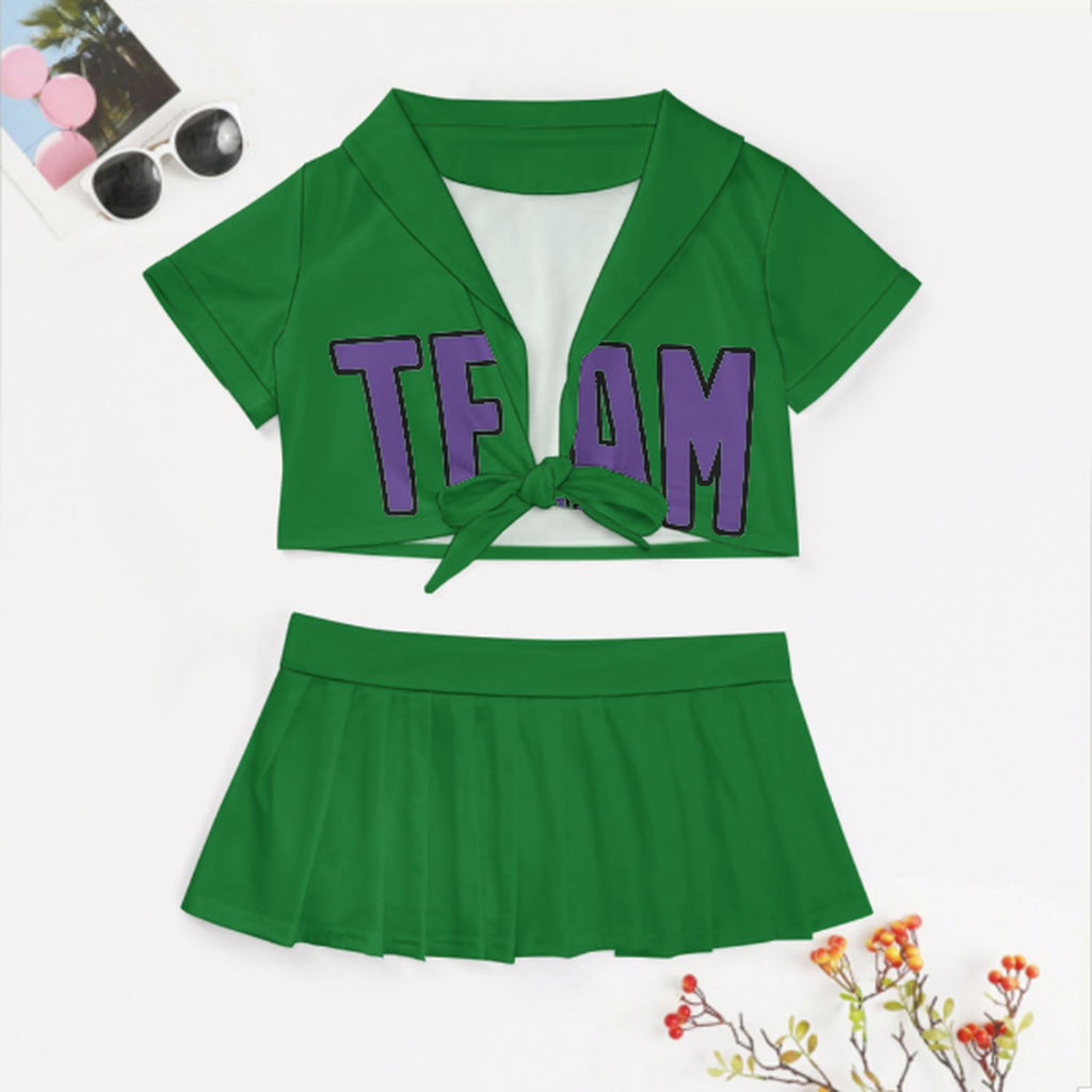 Custom Emerald Green Light Purple Cheerleading Uniform Set
