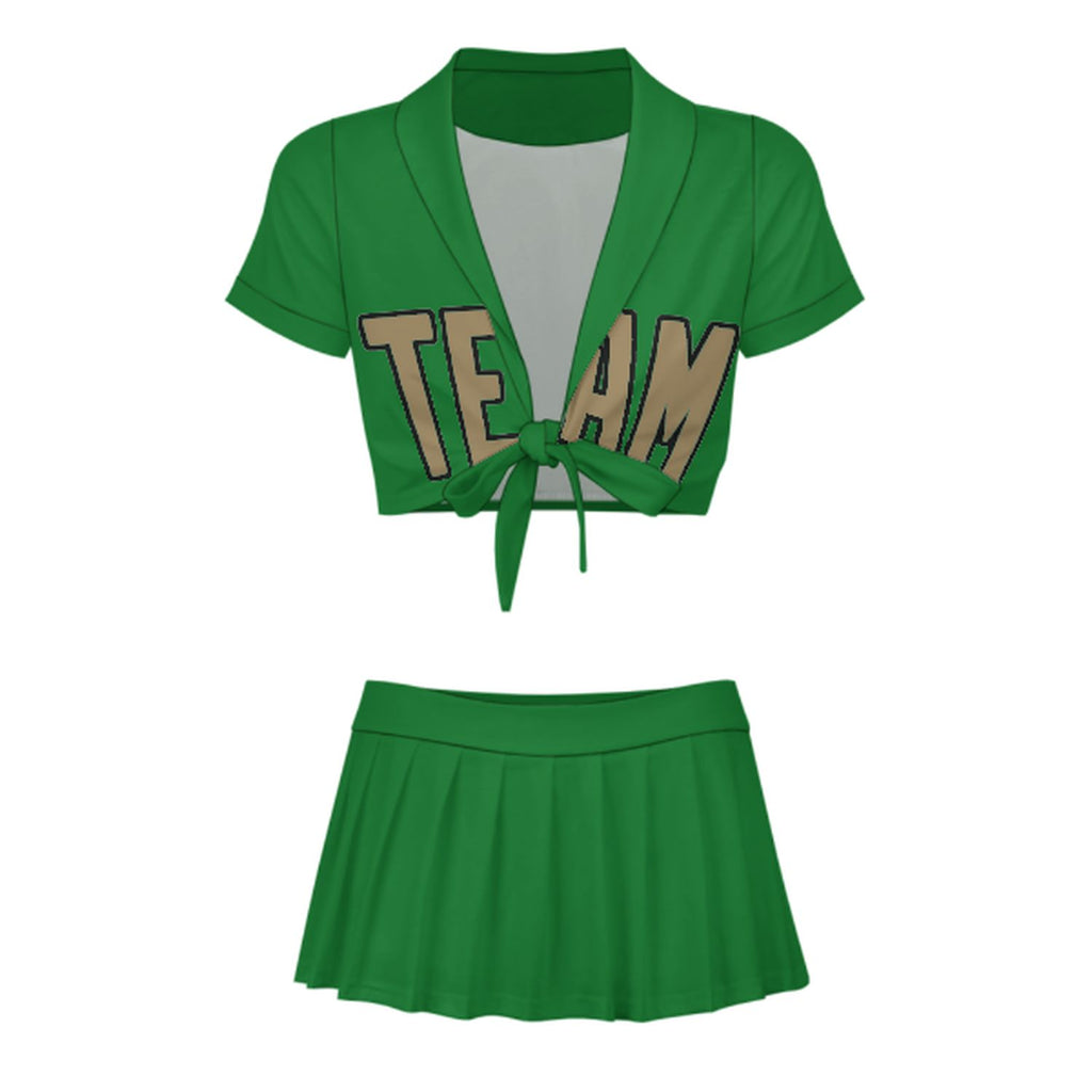 Custom Emerald Green Light Khaki Cheerleading Uniform Set