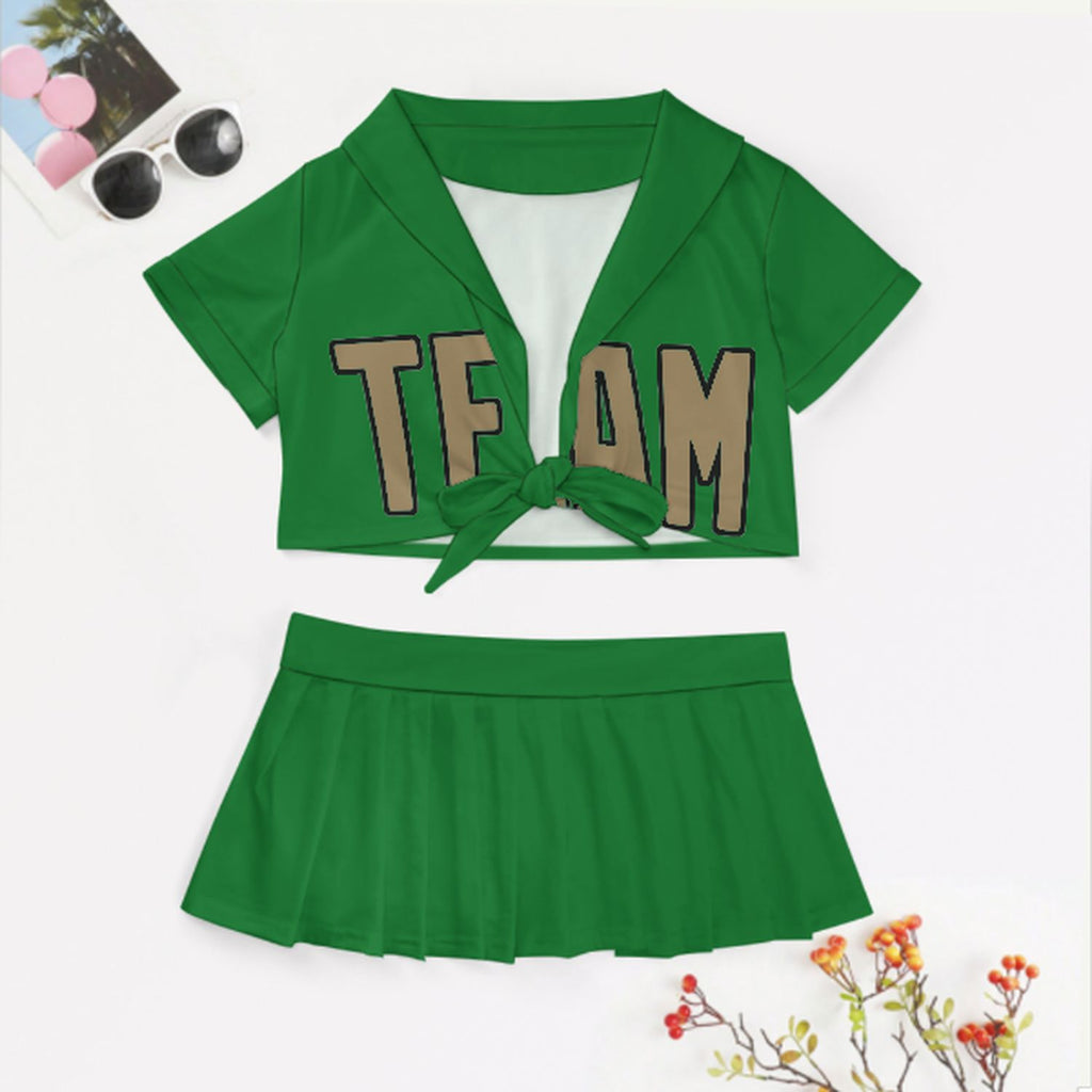 Custom Emerald Green Light Khaki Cheerleading Uniform Set