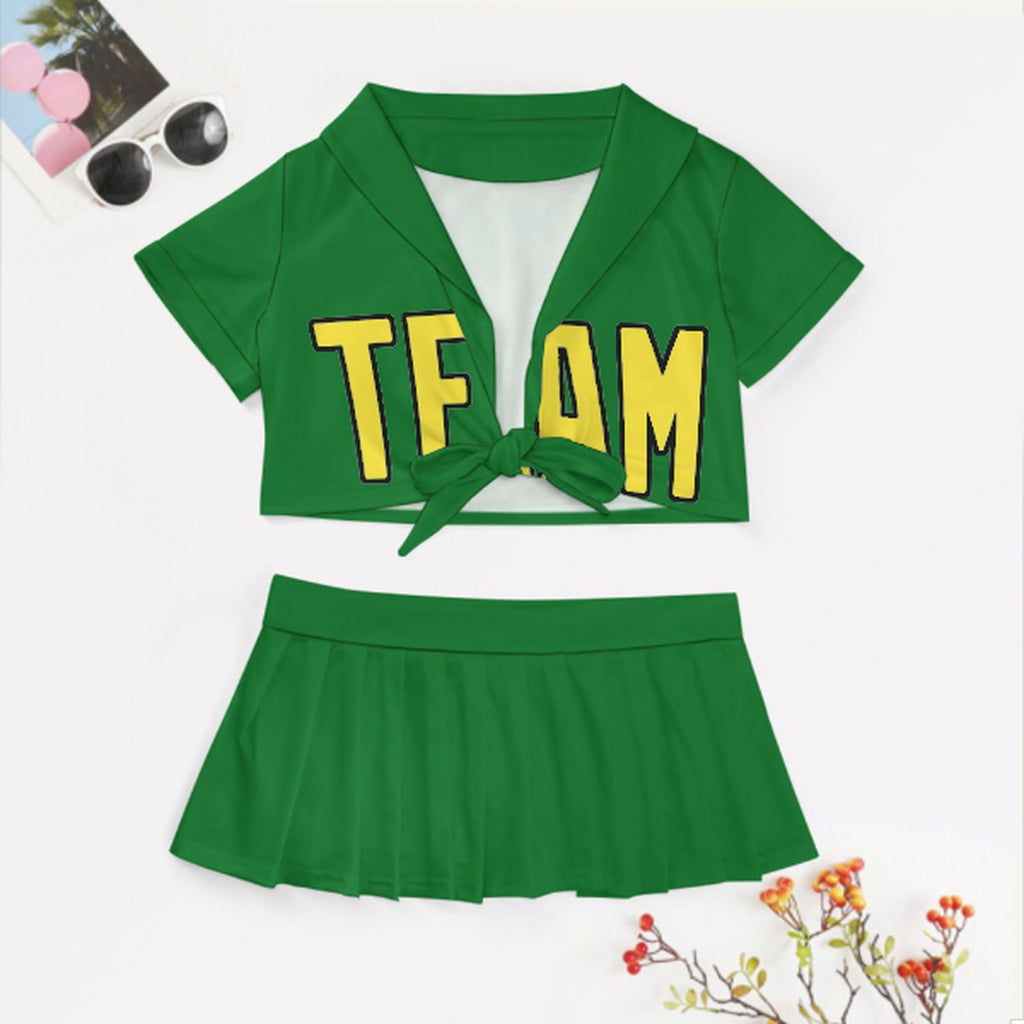 Custom Emerald Green Light Yellow Cheerleading Uniform Set