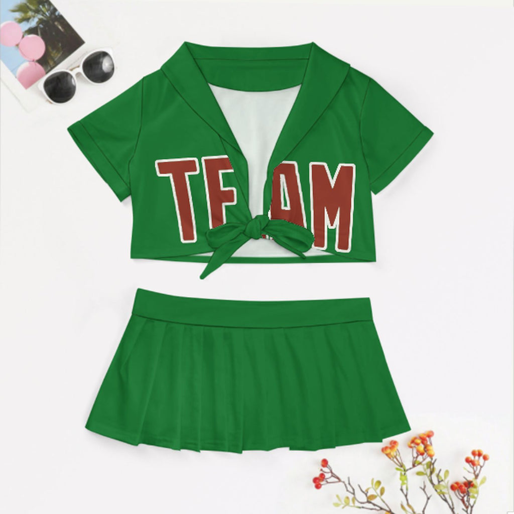 Custom Emerald Green Coral Red Cheerleading Uniform Set