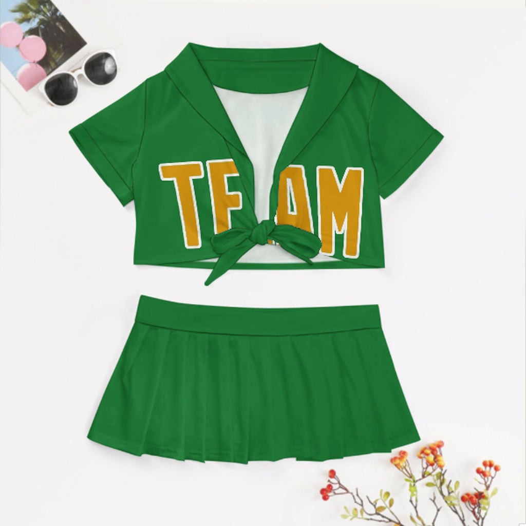 Custom Emerald Green Yellow Cheerleading Uniform Set