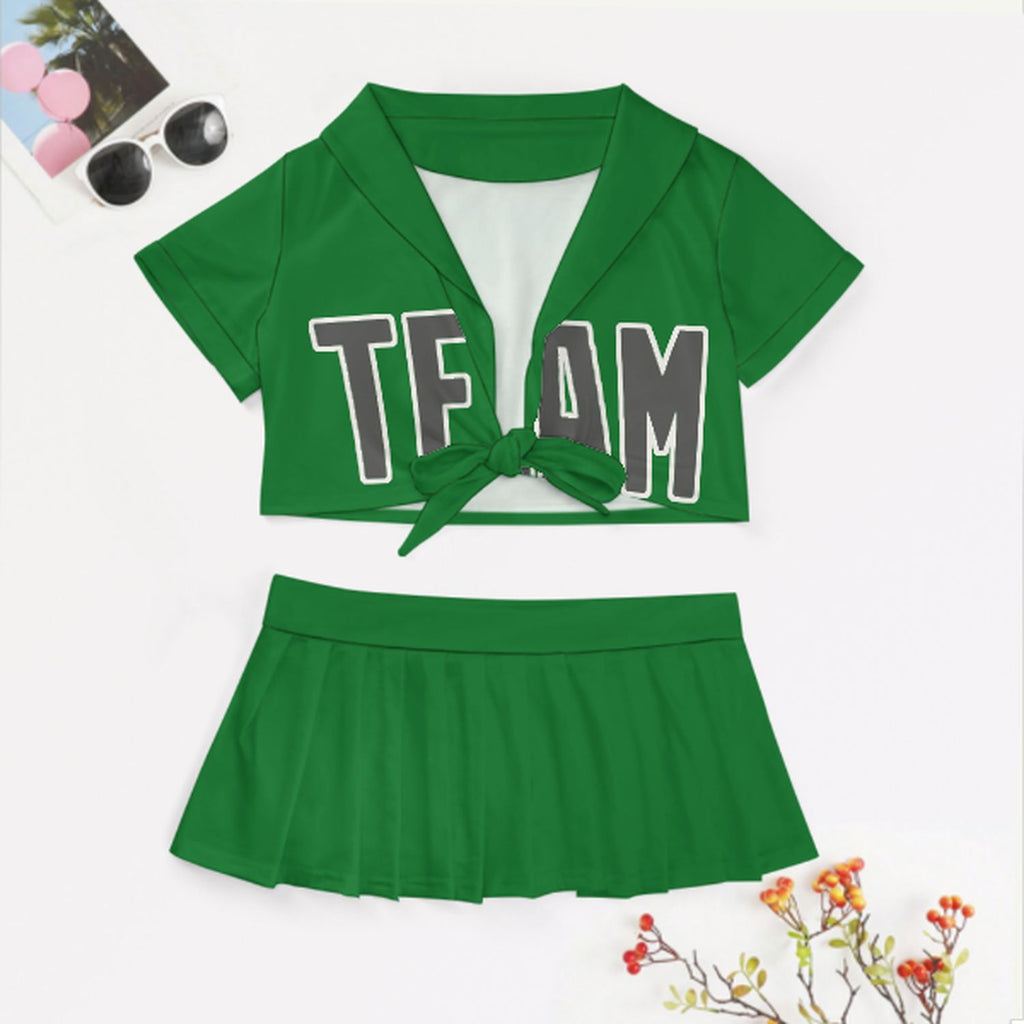 Custom Emerald Green Dark Grey Cheerleading Uniform Set
