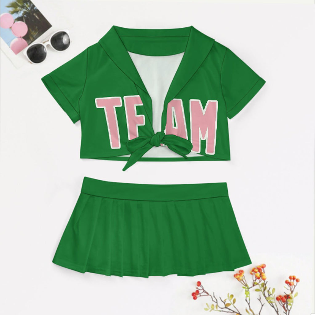 Custom Emerald Green Light Pink Cheerleading Uniform Set