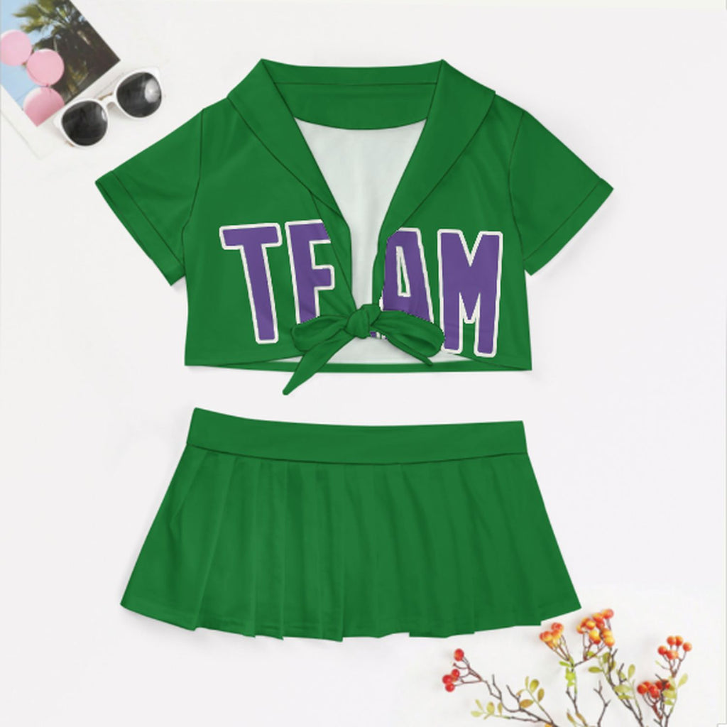 Custom Emerald Green Light Purple Cheerleading Uniform Set