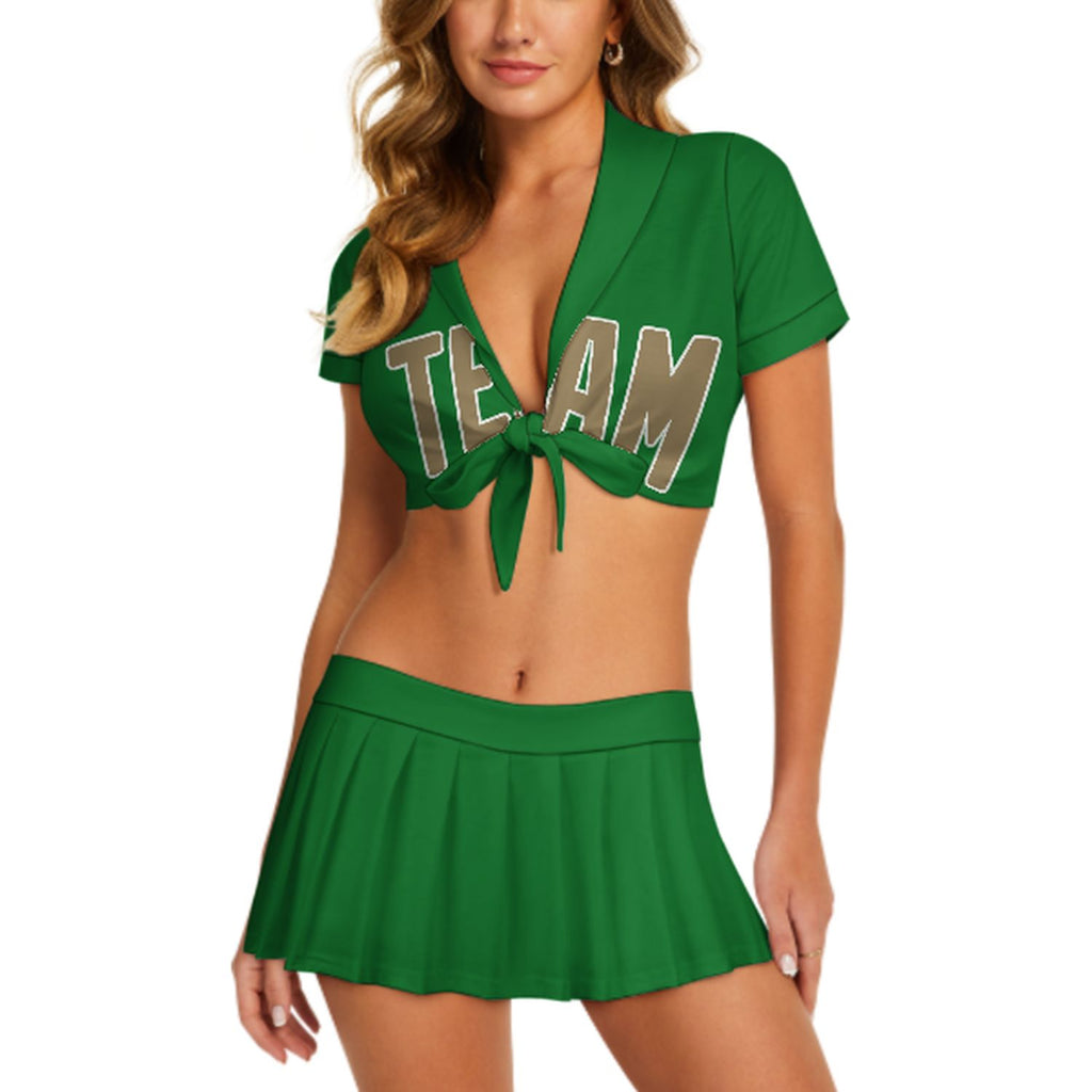 Custom Emerald Green Light Khaki Cheerleading Uniform Set