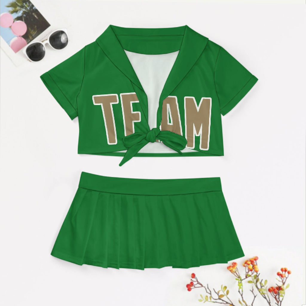 Custom Emerald Green Light Khaki Cheerleading Uniform Set
