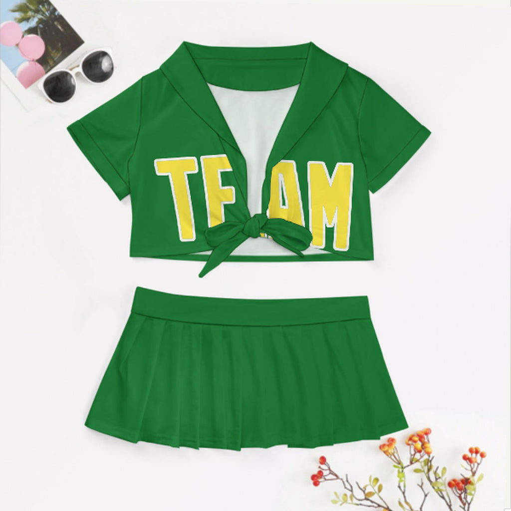 Custom Emerald Green Light Yellow Cheerleading Uniform Set