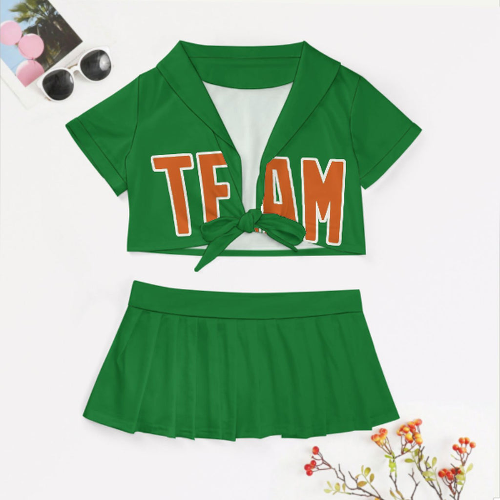 Custom Emerald Green Orange Cheerleading Uniform Set