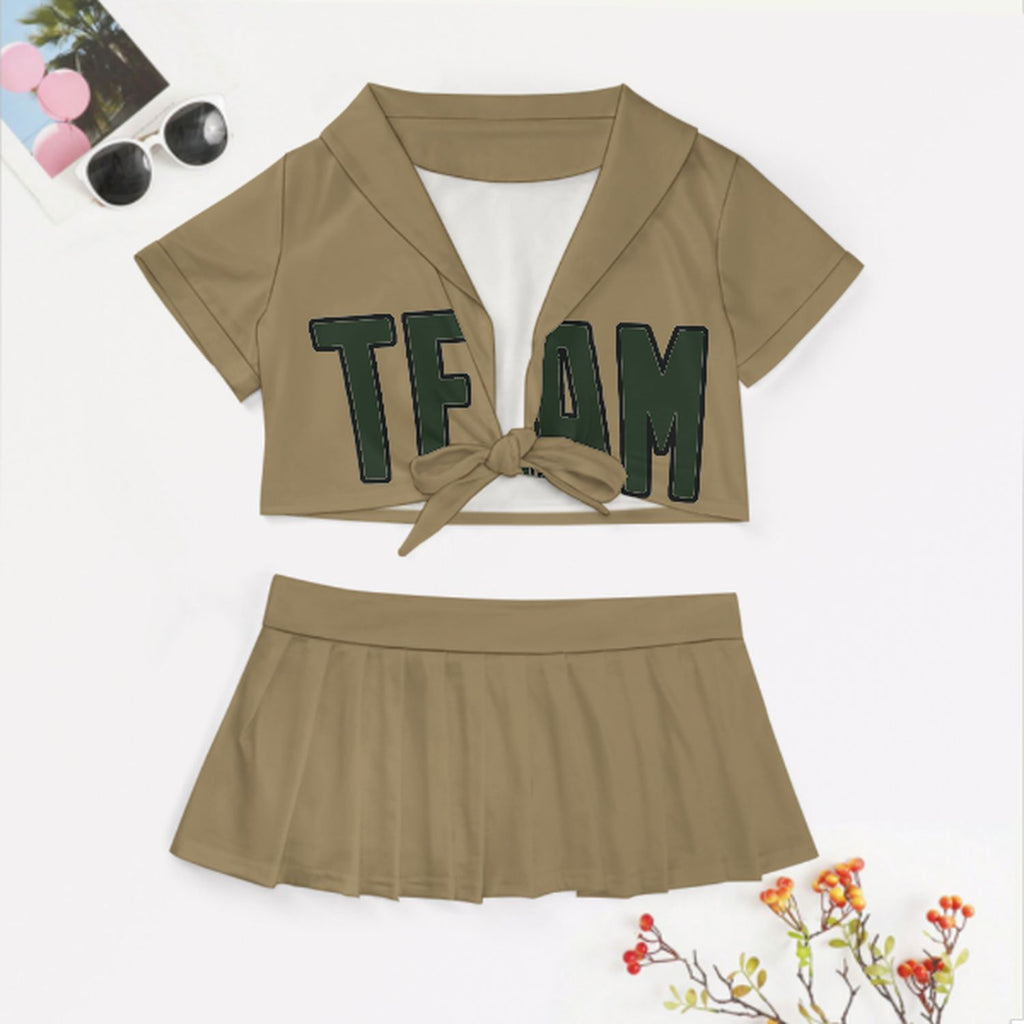 Custom Light Khaki Dark Green Cheerleading Uniform Set