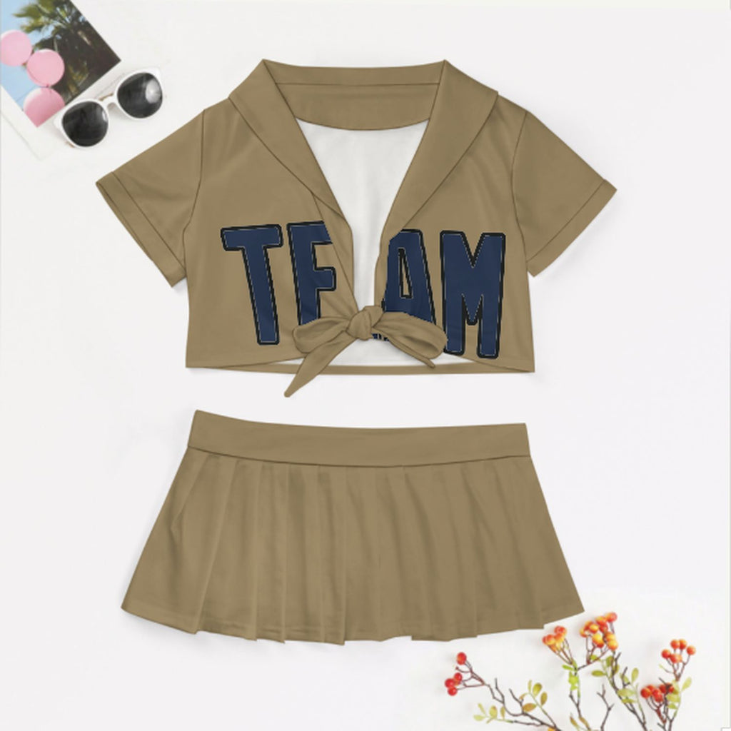 Custom Light Khaki Blue Cheerleading Uniform Set