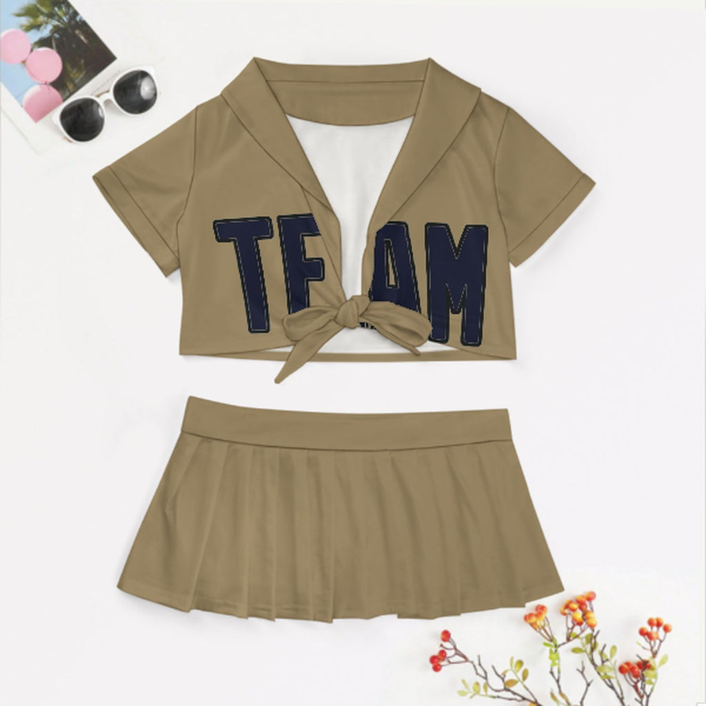 Custom Light Khaki Navy Cheerleading Uniform Set