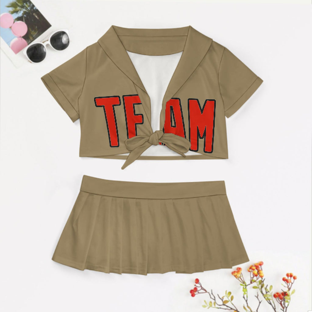 Custom Light Khaki Orange Red Cheerleading Uniform Set