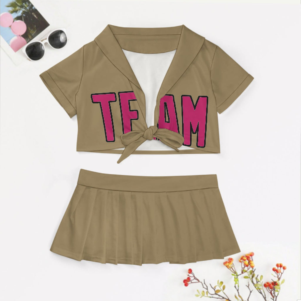 Custom Light Khaki Pink Cheerleading Uniform Set