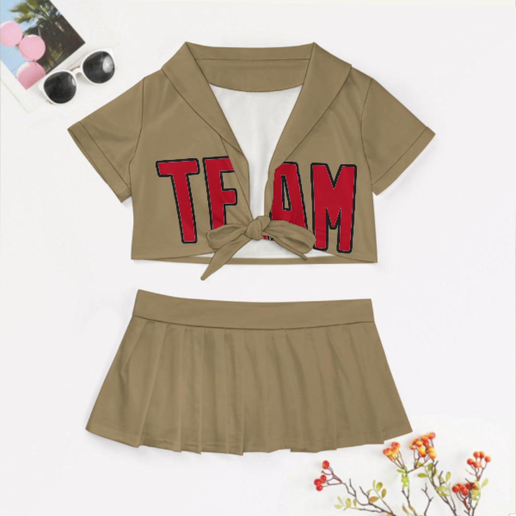Custom Light Khaki Red Cheerleading Uniform Set